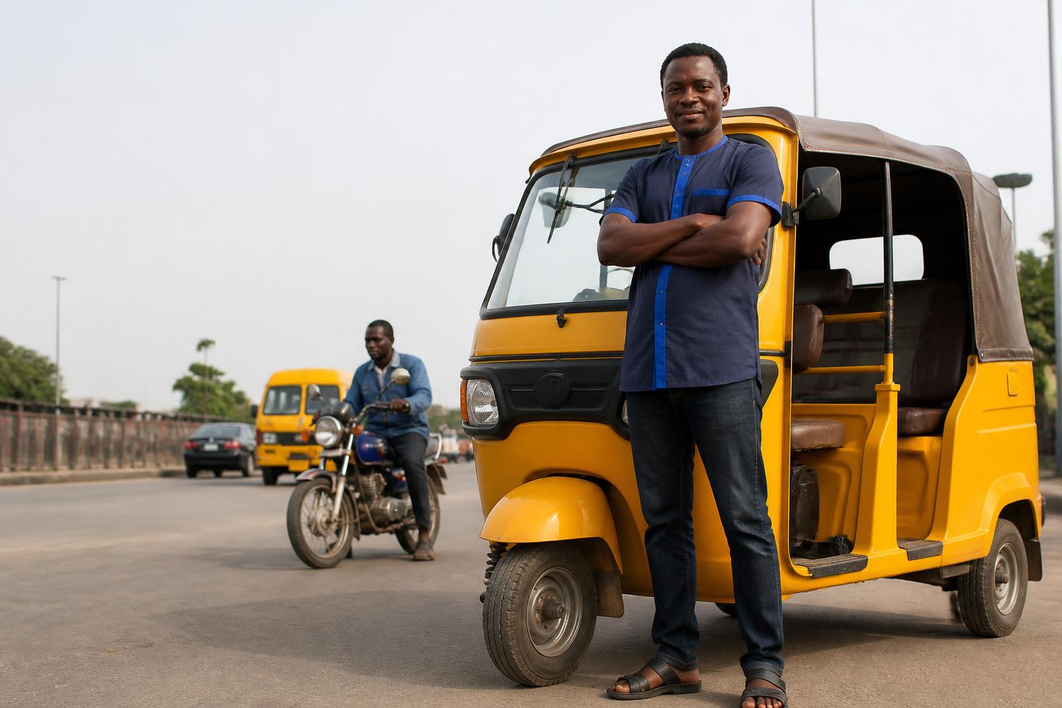 A Nigerian mobility worker standing beside his commercial keke, with a motorcycle and bus in the background.
